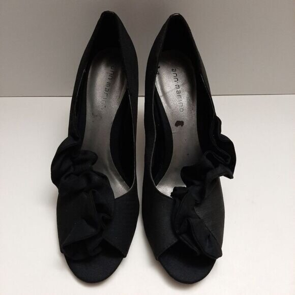 ANN MARINO Ruffle Detail Peep-Toe Slip-On High Heel Shoes Black Fabric Sz 9 M - Picture 5 of 16